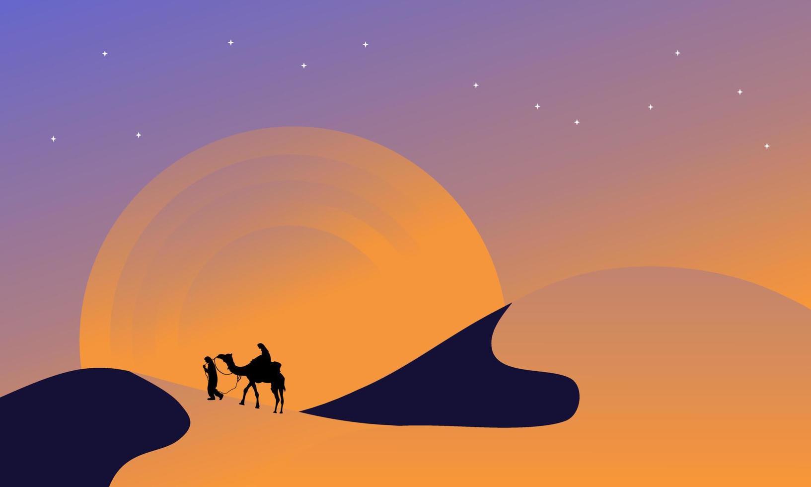 illustration of man and camel in the desert in the morning. vector illustration