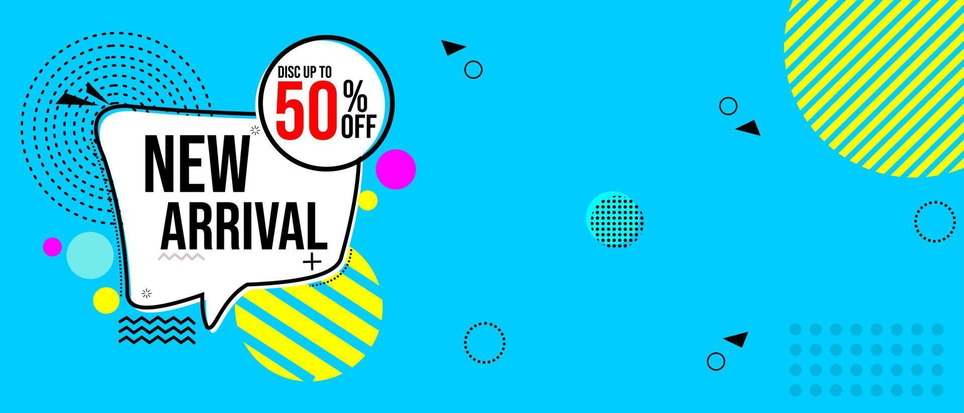 blue memphis style banner with new arrival text. suitable for discount promotion design vector
