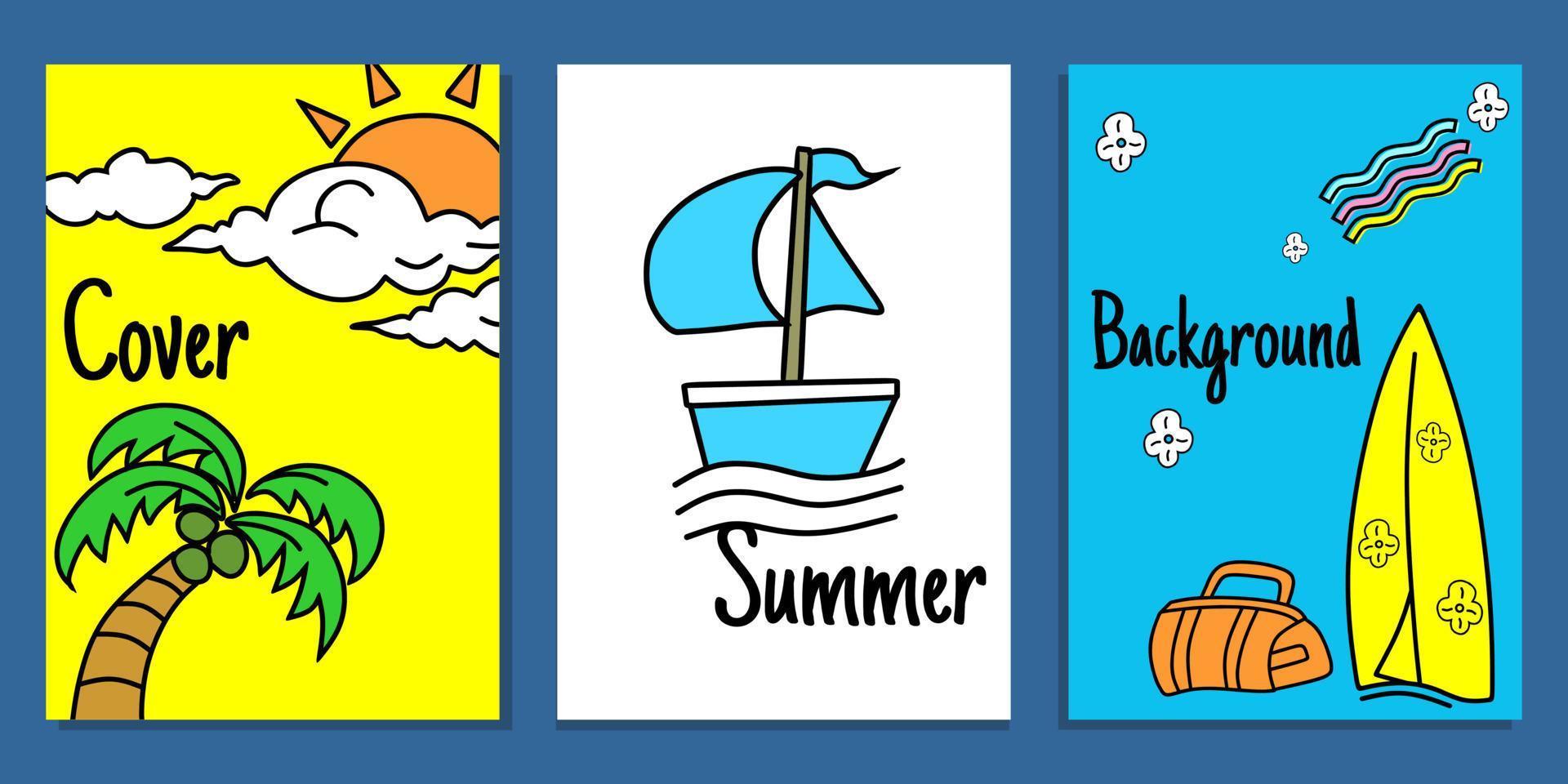 summer themed children's book cover set. cute cartoon design vector