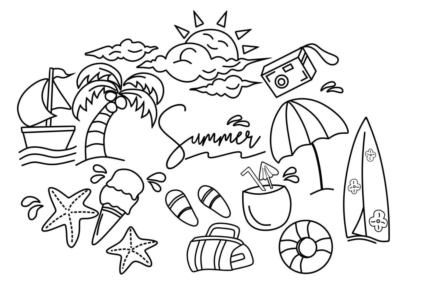 hand drawn summer icon set. doodle design vector