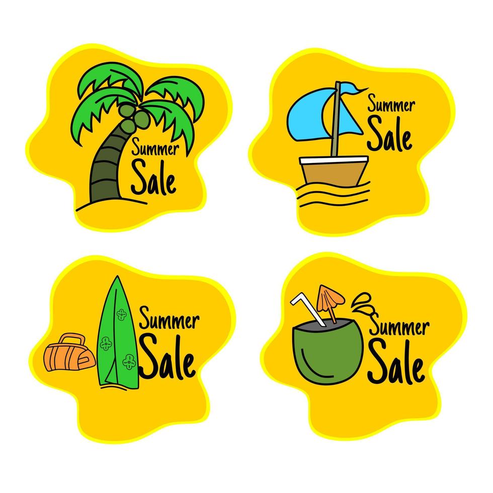 conjunto de insignias de publicidad de venta de verano. con un icono de árbol de coco. vector