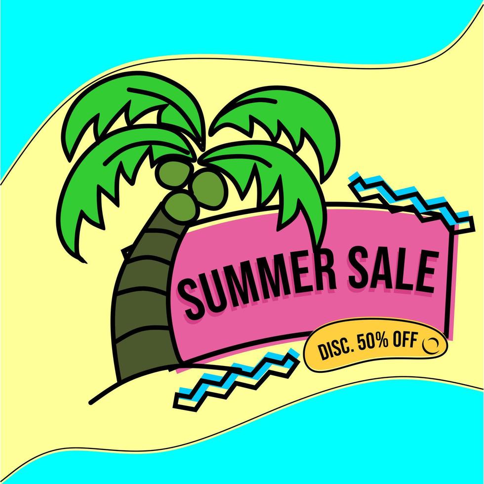 banner de venta de verano con elemento de árbol de coco. insignia de promoción de descuento vector