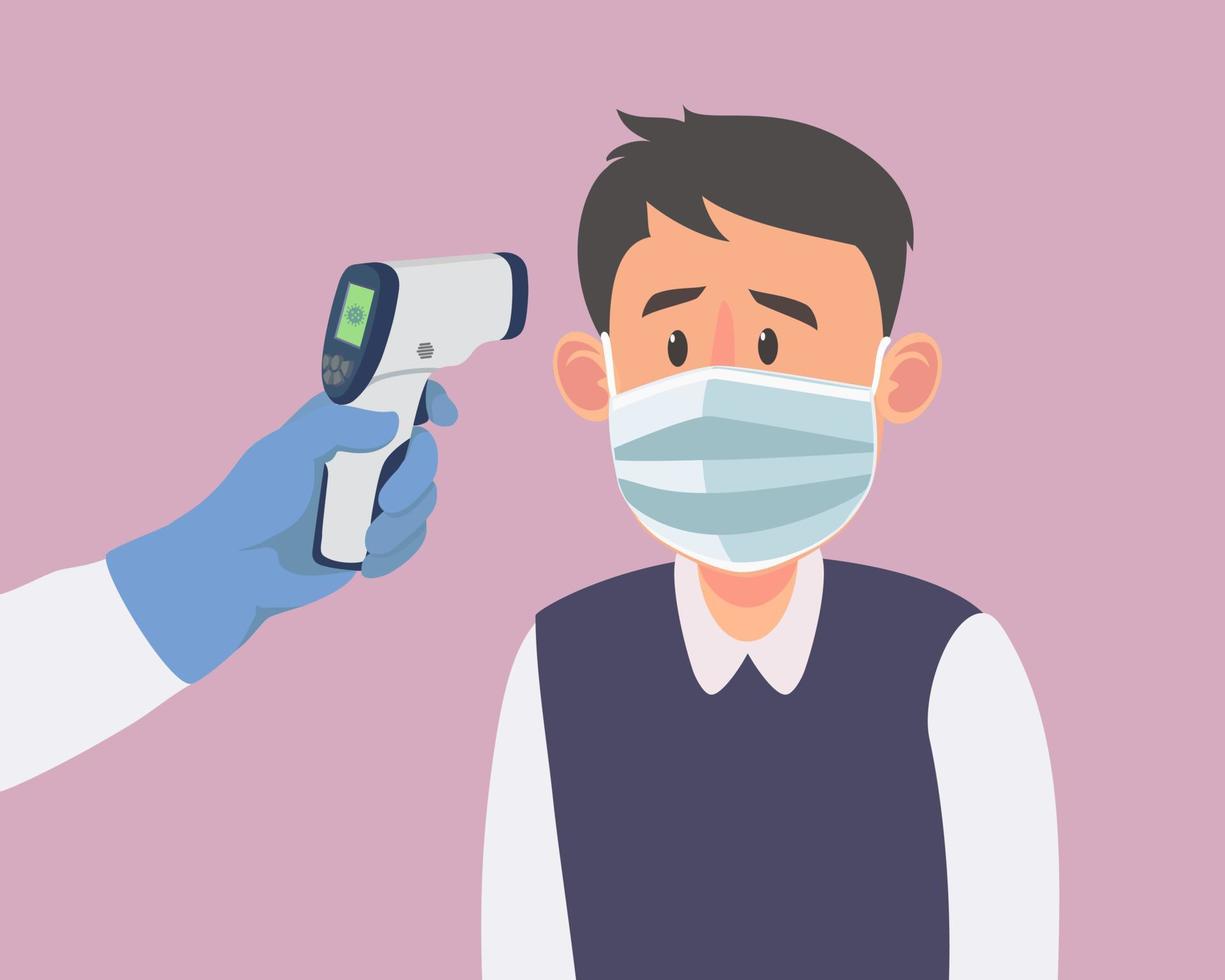 People check body Digital temperature of a man in a medical mask. before entering public areas. fight against epidemic outbreak coronavirus, COVID-19 vector