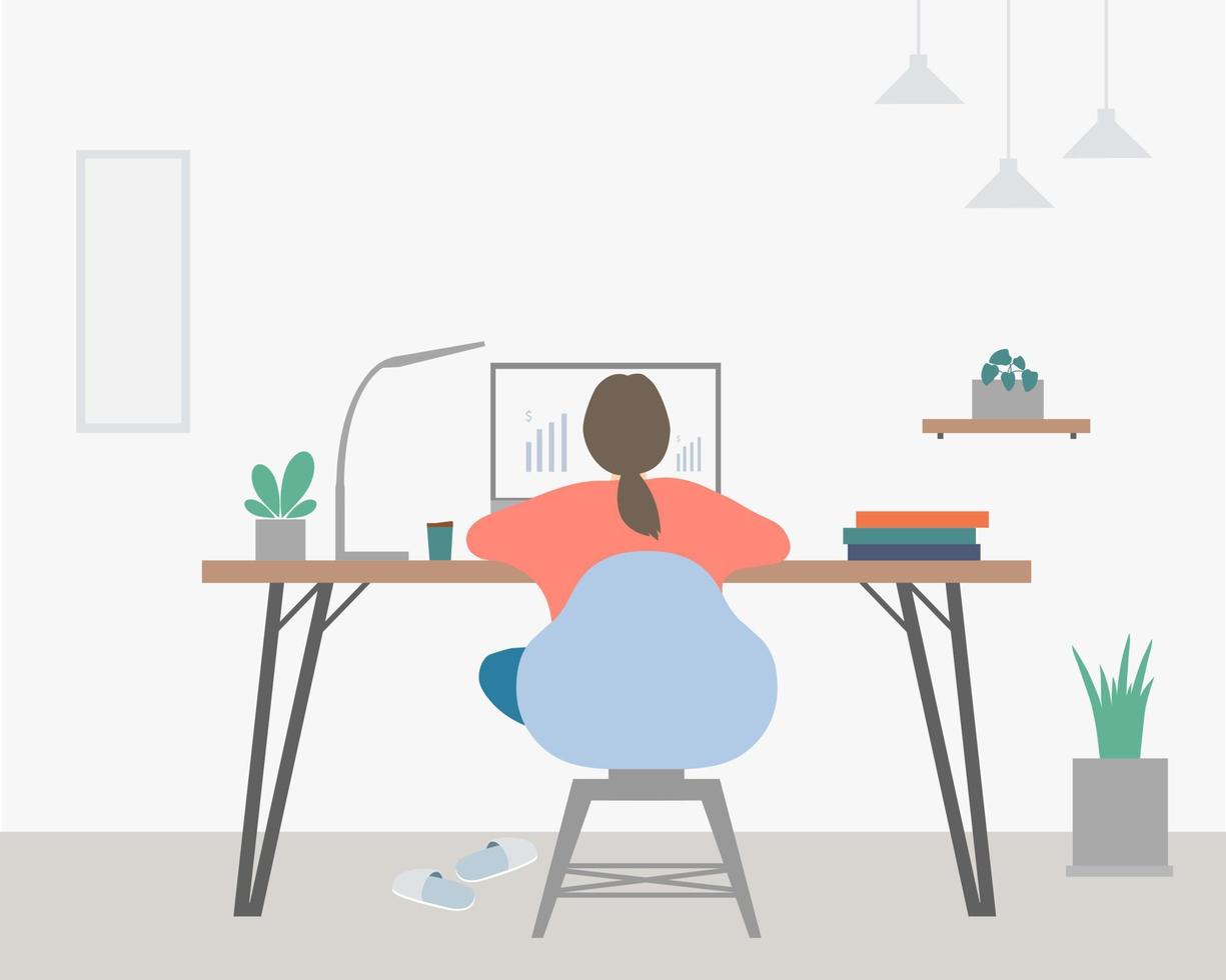 mujer trabajando desde casa en computadoras. estilo plano de vector de ilustración de concepto.