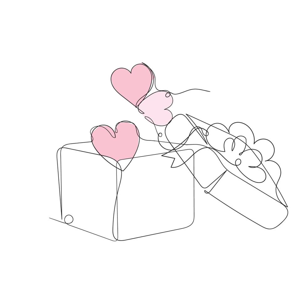 continuous line drawing opened gift box and love comes out of it illustration vector