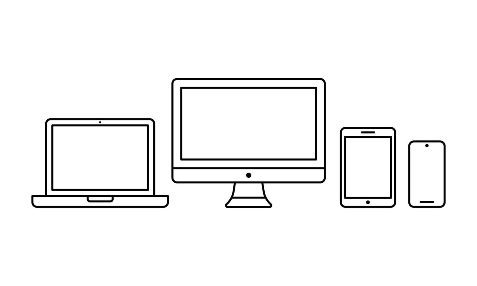 Outlined vector illustration of modern electronic device product ecosystem. Suitable for technology banner, computer, smartphone, and laptop display.