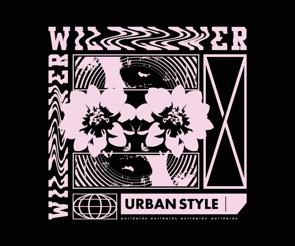 diseño gráfico de estilo píxel de afiche retro de flores silvestres para ropa de calle de camisetas y estilo urbano vector