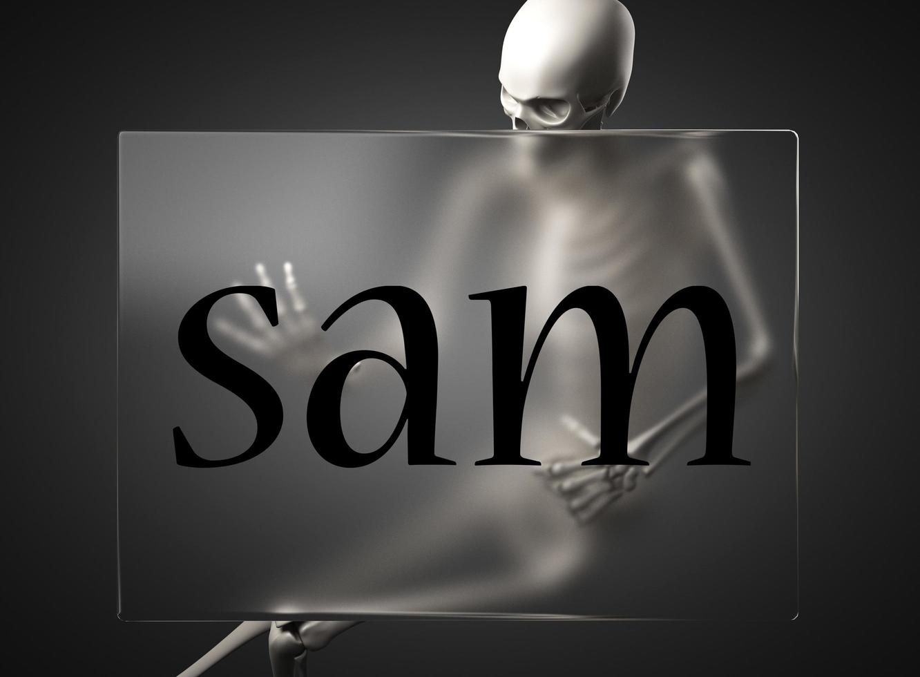 sam word on glass and skeleton photo