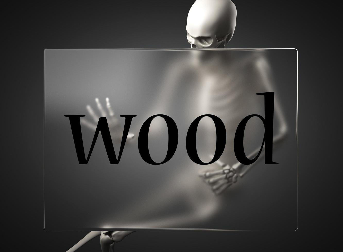 palabra de madera sobre vidrio y esqueleto foto