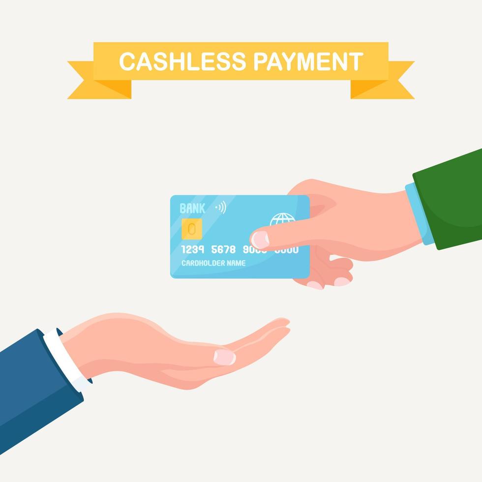 Hand hold credit or debit card. Cashless payment concept. Vector design