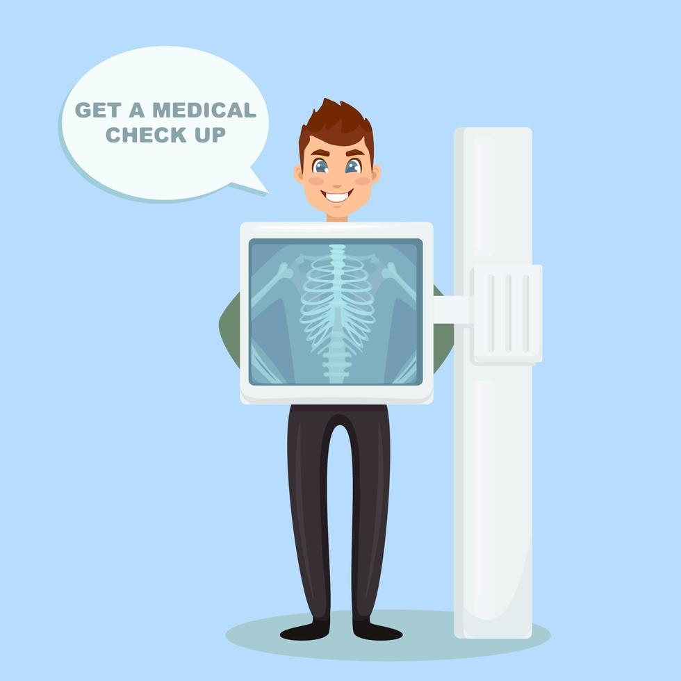 X-ray machine for scanning human body. Roentgen of chest bone. Medical examination for surgery. Vector design