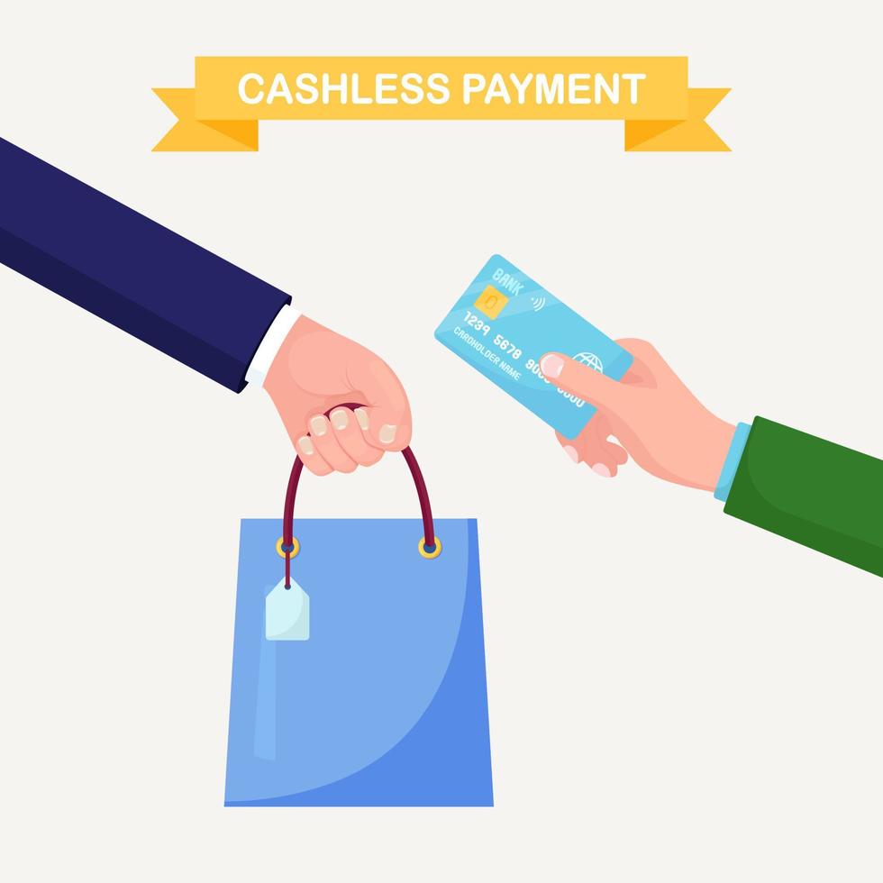 Cashless payment. Hand hold credit or debit card and shopping bag. Online store. Vector flat design