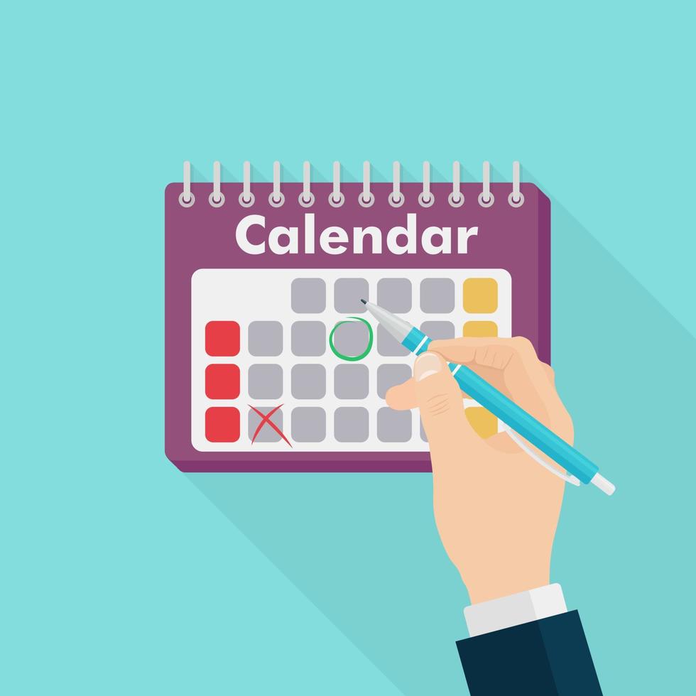 Businessman marking one day on the calendar. Man write by pen. Vector design