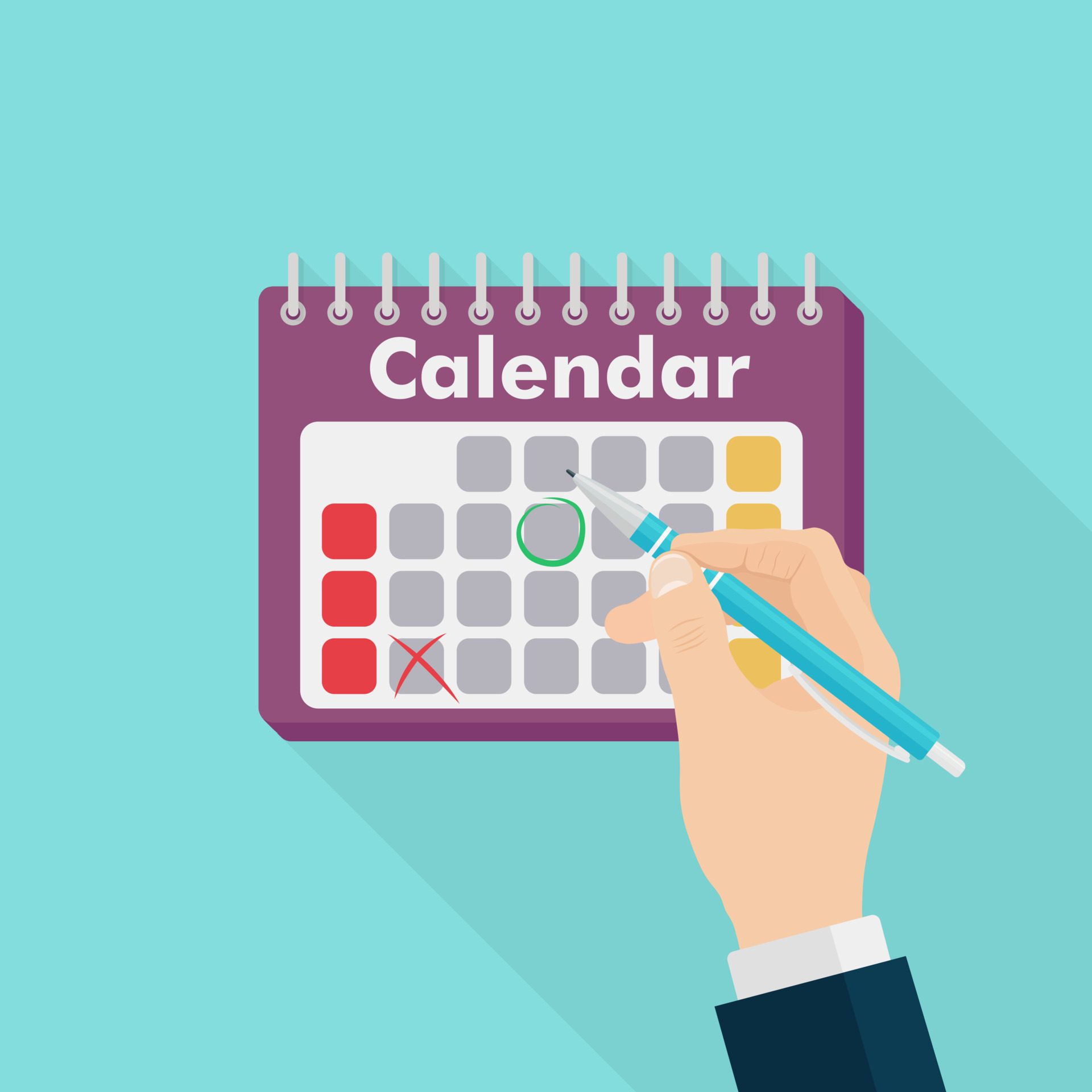 empresario marcando un día en el calendario. el hombre escribe con