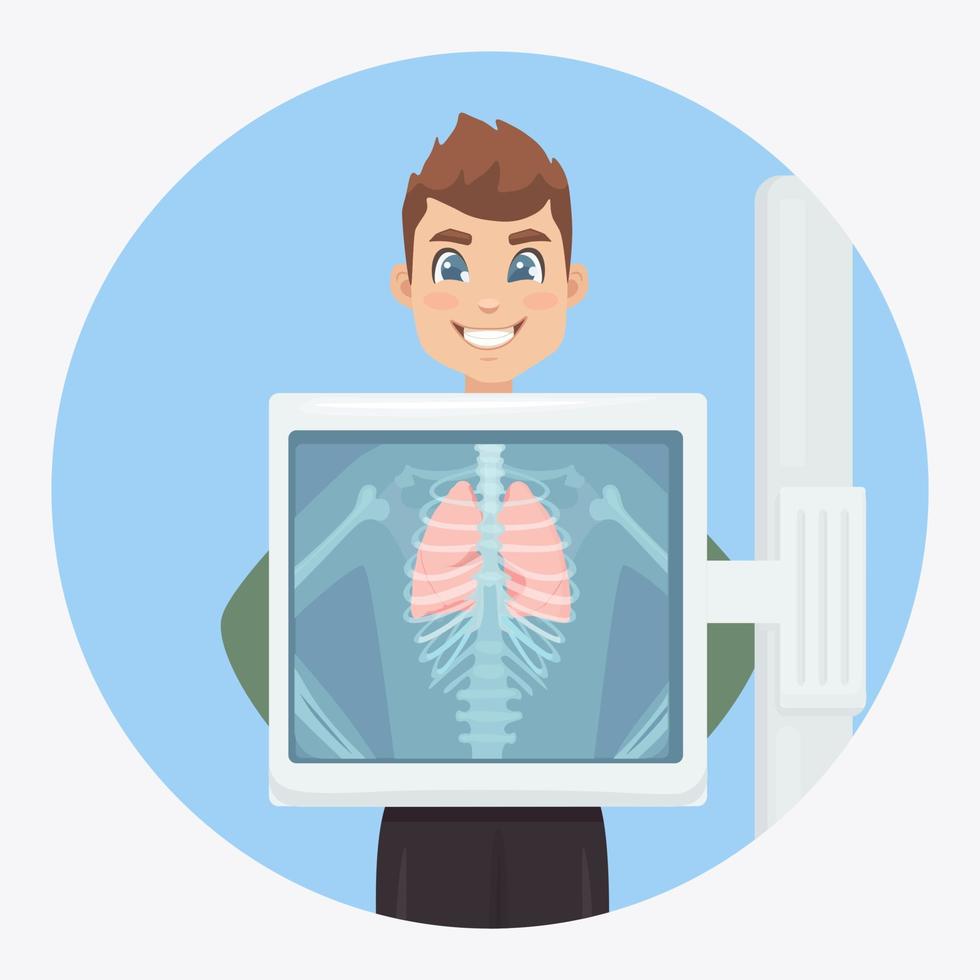 X-ray machine for scanning human lungs. Roentgen of chest bone. Diagnosis of cancer, tuberculosis, pneumonia. Medical examination of respiratory infections for surgery. Vector design