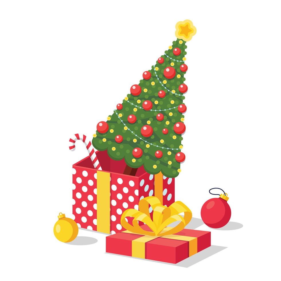Decorated christmas tree with star, lights, decoration balls in gift box. Merry Christmas and happy new year. Vector design