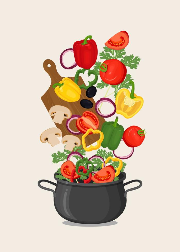 sartén negra con agua hirviendo y verduras, tabla de cortar. diseño vectorial vector