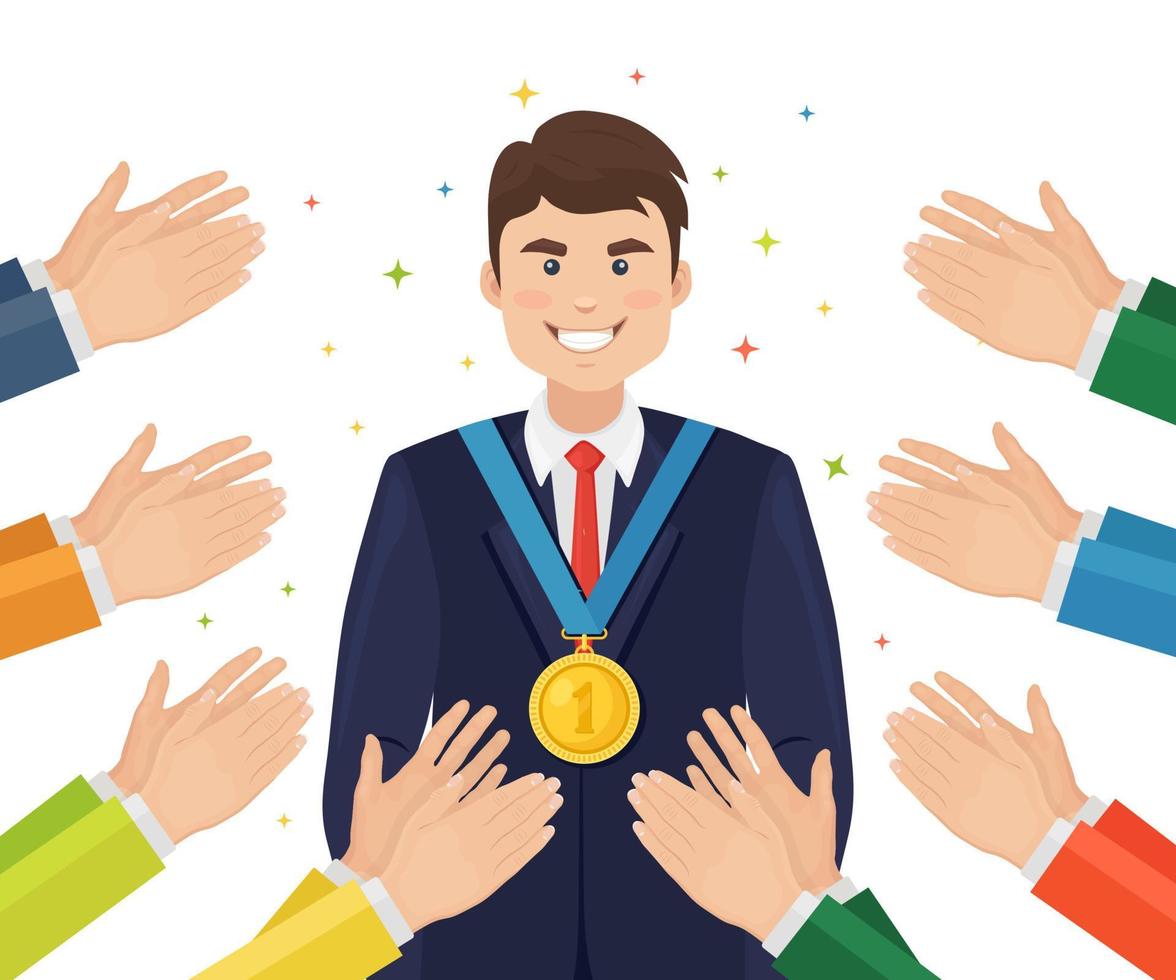 Applause, ovation, claps to winner. Business man with a gold medal waving his hands to audience. Vector design