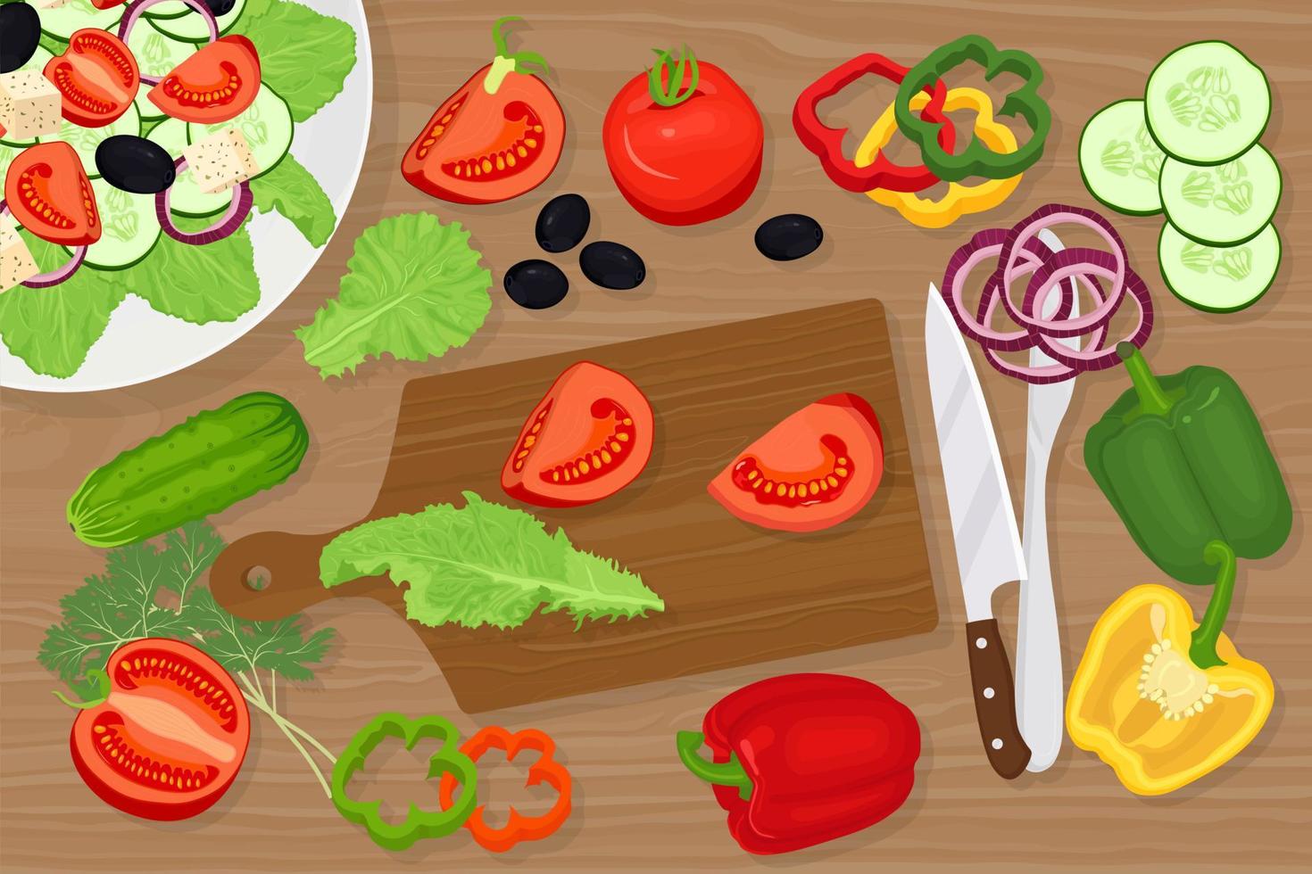 Cutting board with vegetables, knife. Greek salad with feta, tomatoes, cucumber, olives, lettuce, pepper, onion in white plate. Healthy diet. Vector design