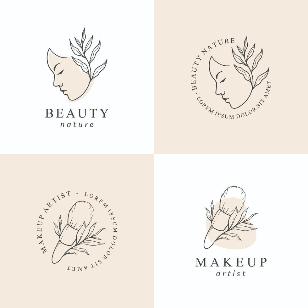 plantilla de diseño de logotipo de maquillaje de belleza. las mujeres dibujadas a mano se enfrentan y se maquillan con una hoja hermosa. vector