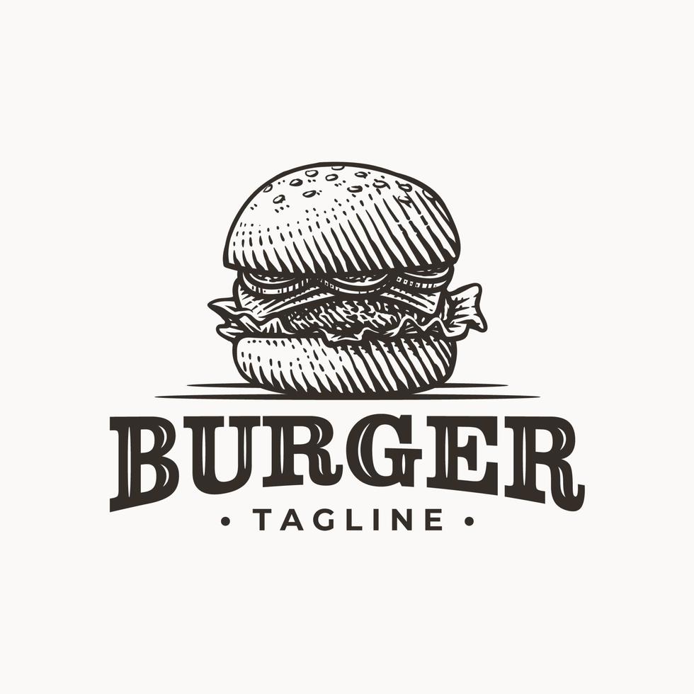 Vintage burger hand drawn logo illustration vector