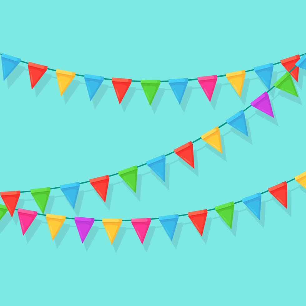 Banner with garland of colour festival flags and ribbons, bunting. Background for celebrate happy birthday party, carnaval, fair. Vector flat design