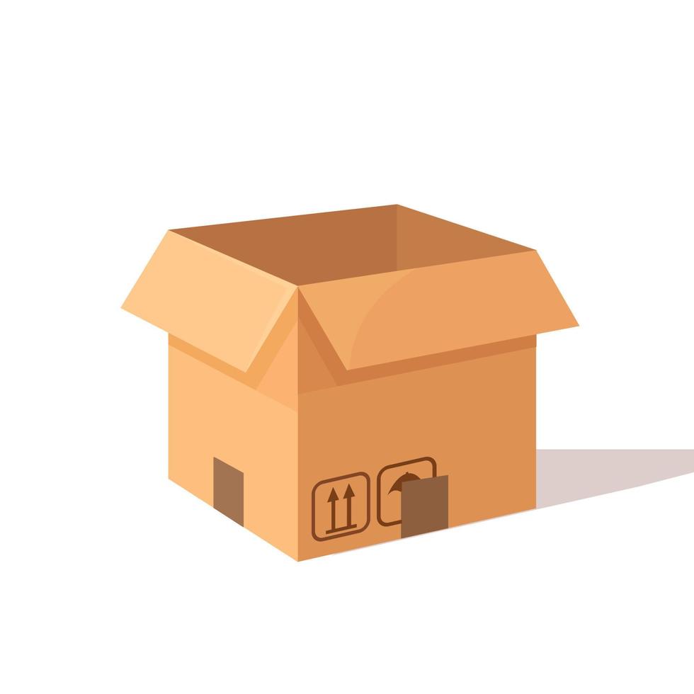 Isometric opened carton, cardboard box. Transportation package in store, distibution concept. Vector design