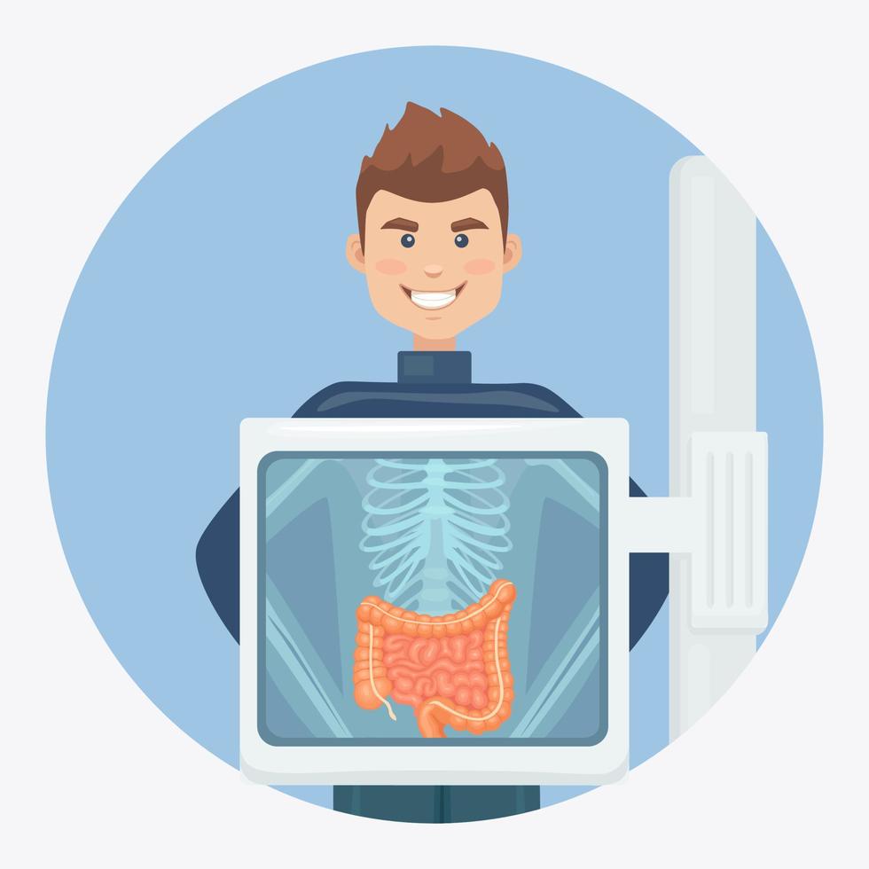 máquina de rayos x para escanear el cuerpo humano. roentgen del esternón. ultrasonido de intestinos, tripas. examen médico tracto digestivo, colon, intestino para cirugía. diseño vectorial vector
