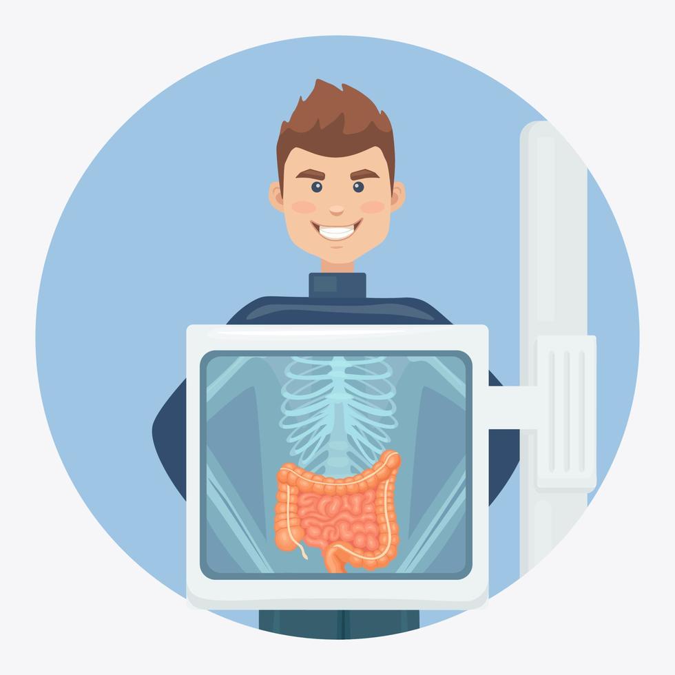 X-ray machine for scanning human body. Roentgen of chest bone. Ultrasound of intestines, guts. Medical examination digestive tract, colon, bowel for surgery. Vector design