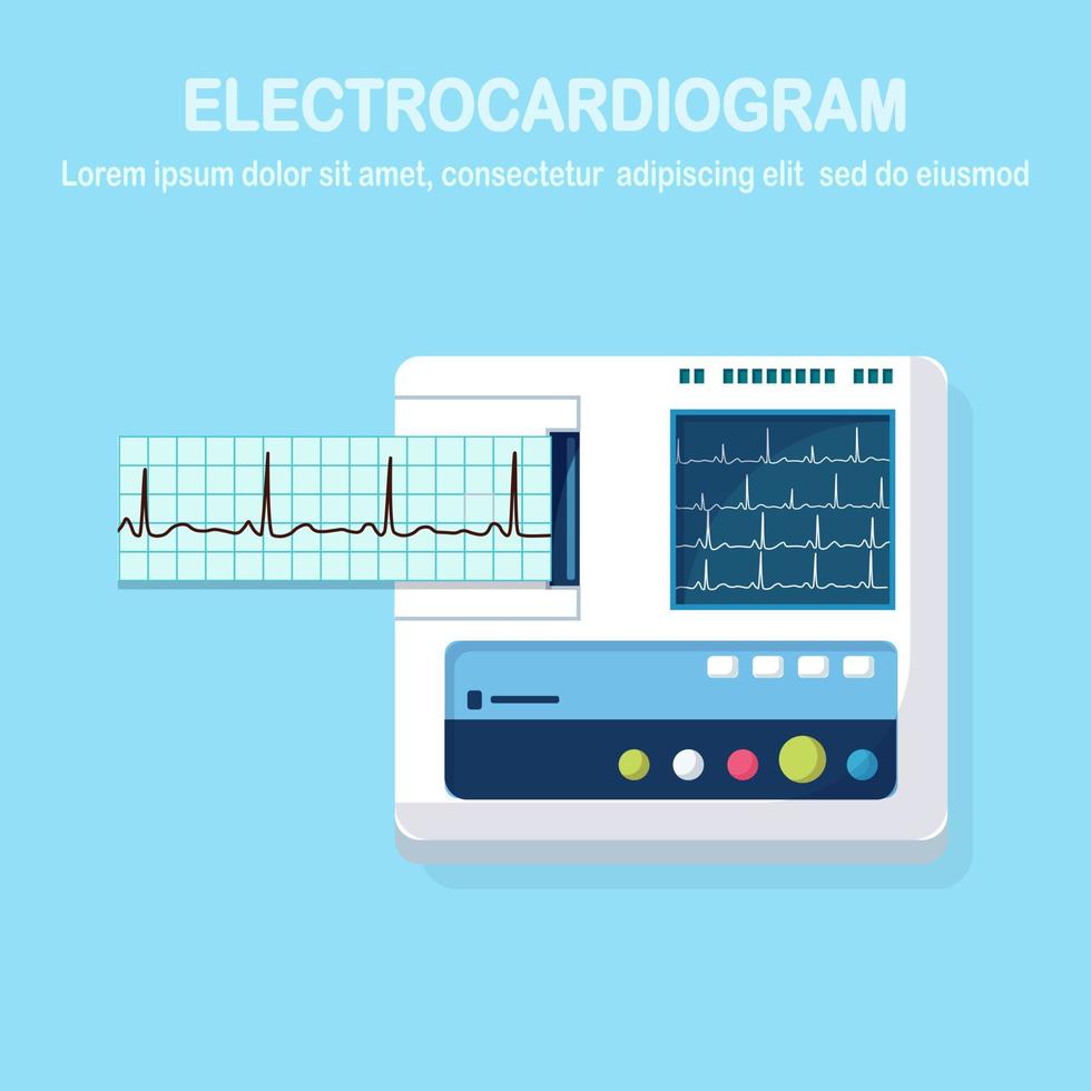 ECG machine. Electrocardiogram monitor for diagnosis human heart with EKG graph. Medical equipment for hospital with chart of heartbeat rhythm. Vector design