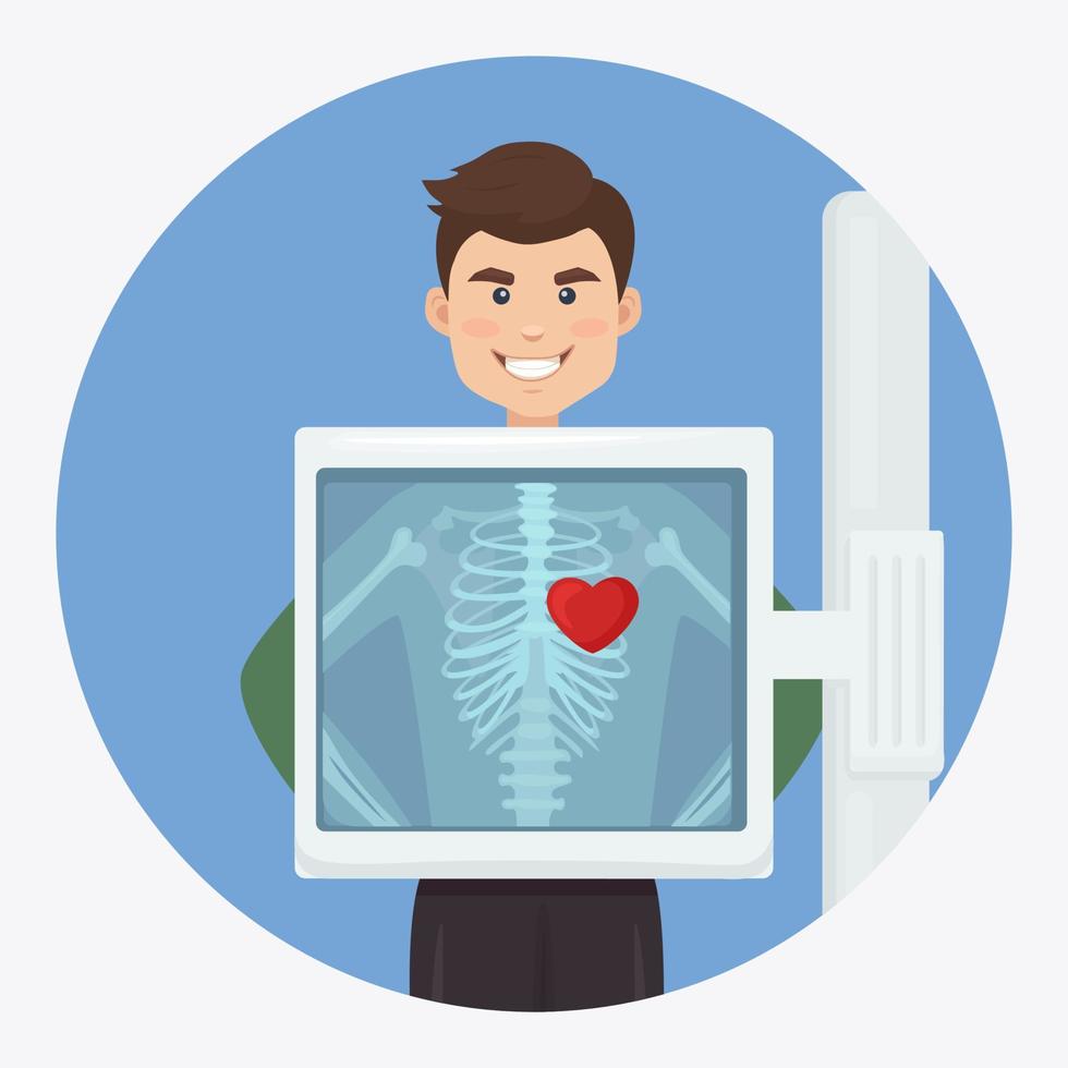 X-ray machine for scanning human body. Roentgen of chest bone. Heart diagnosis. Medical examination of cardiac disease for surgery. Ultrasound of organs. Vector design