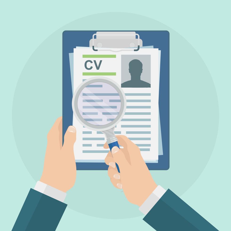 CV business resume and magnifying glass in hand. Job interview, recruitment, search employer, hiring concept. Human resource HR concept. Vector design