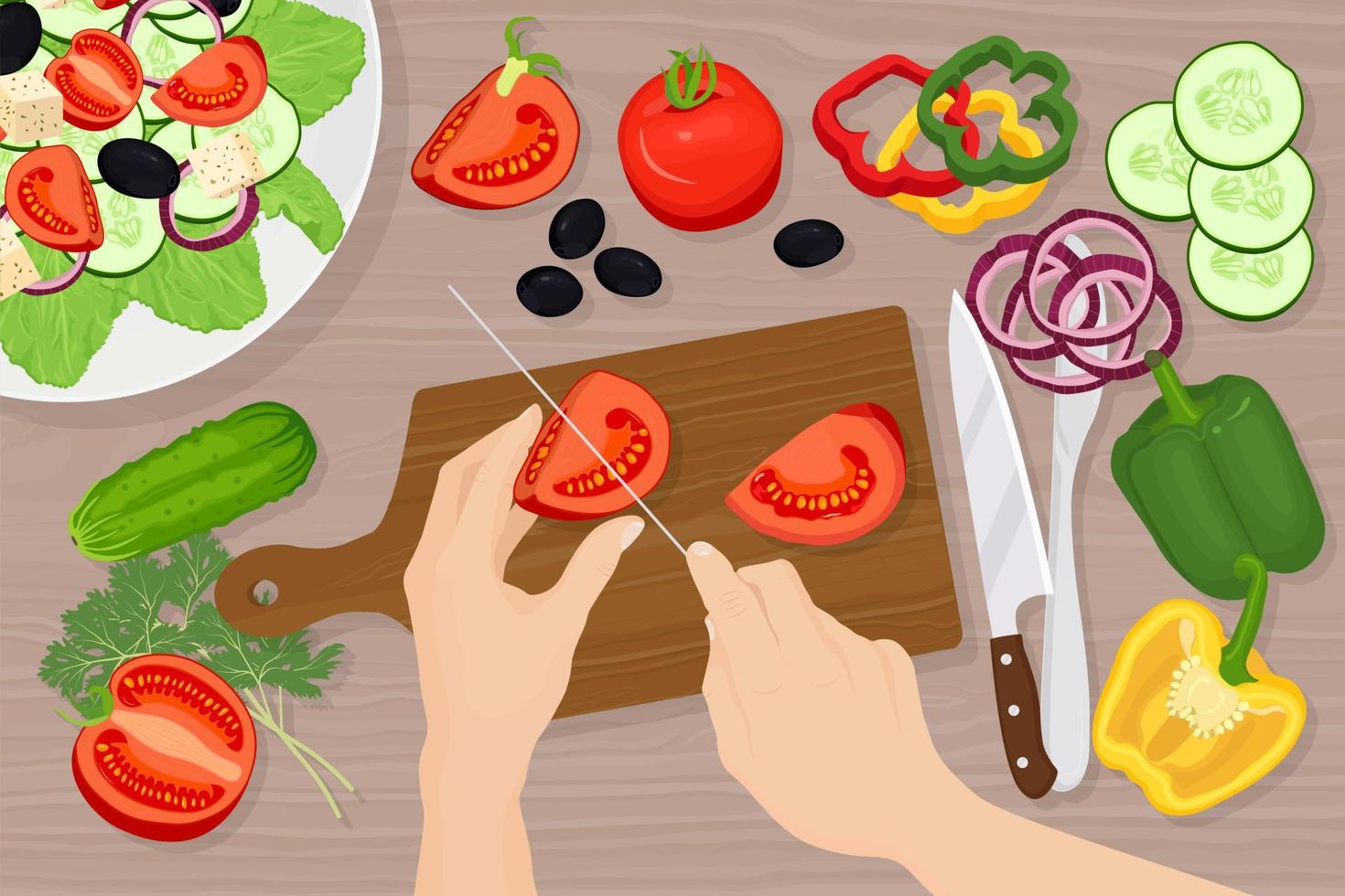 Man cuts tomatoes on cutting board. Greek salad with olives, onions, bell peppers, feta, cucumber. Vector design