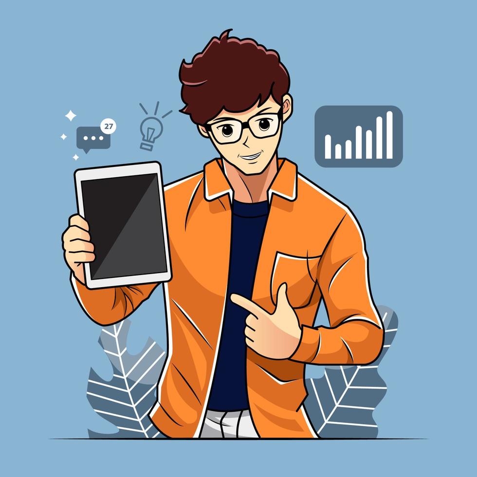 Young boy working by showing touch screen tablet vector illustration pro dowload