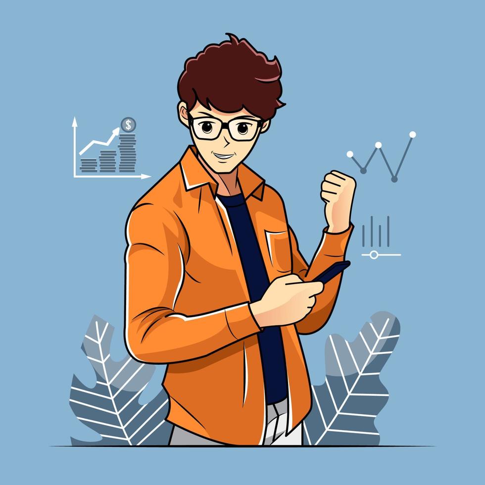 joven sonriendo felizmente usando una ilustración de vector de teléfono inteligente comercial descarga gratuita