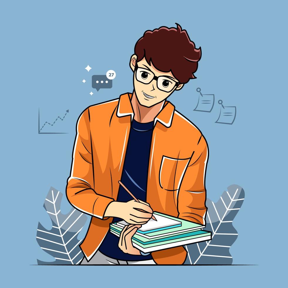 joven trabajando sonriendo usando notebook ilustración vectorial descarga gratuita vector