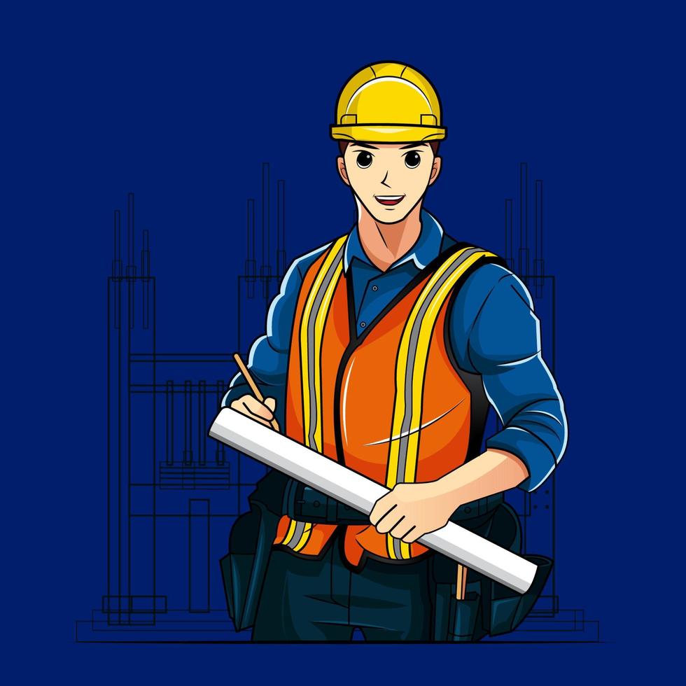 contratista de construcción sonriente sosteniendo un plano en el sitio de construcción ilustración vectorial descarga gratuita vector