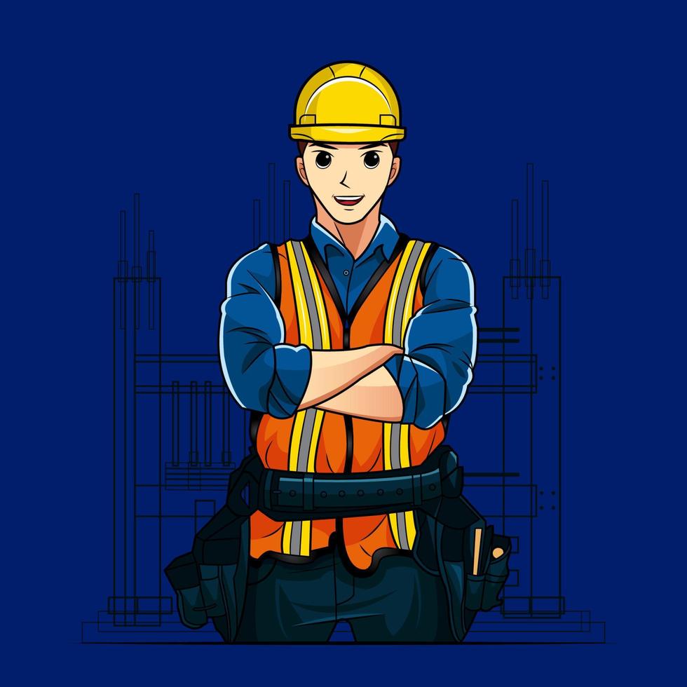 contratista de construcción sonriente en el sitio de construcción ilustración vectorial descarga gratuita vector