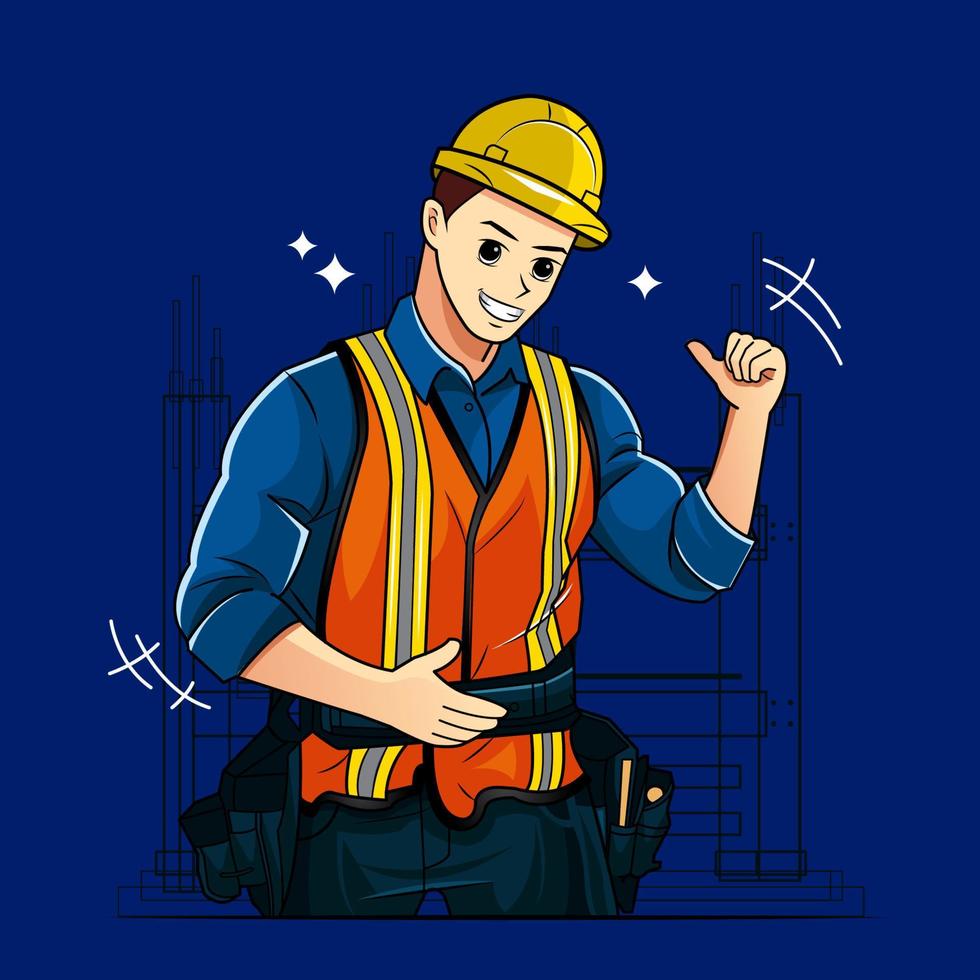 The building contractor is smiling and showing something vector illustration free download