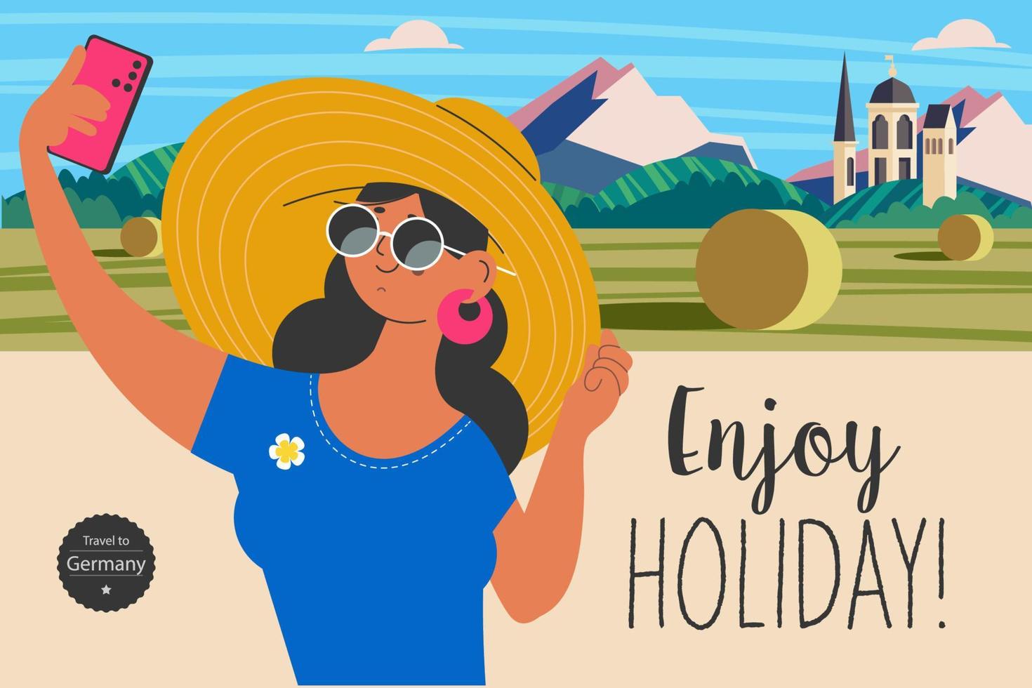Travel on vacation and take selfies in the background of the sights. Enjoy holiday. Vector illustration.