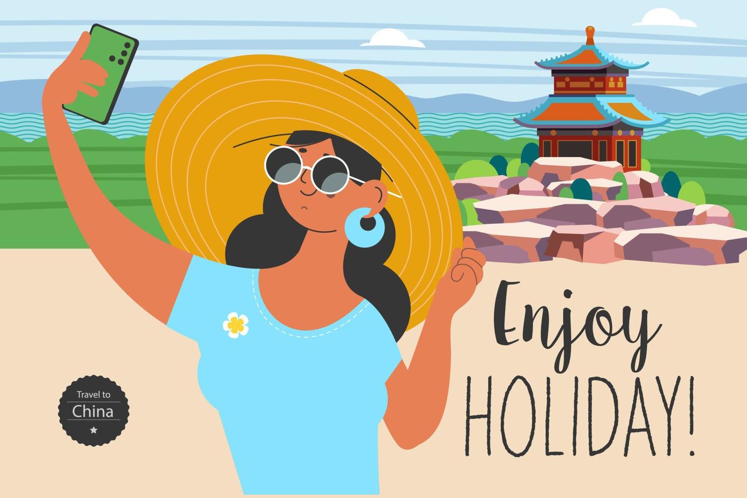 viaja de vacaciones y toma selfies en el fondo de las vistas. disfrutar vacaciones. ilustración vectorial vector