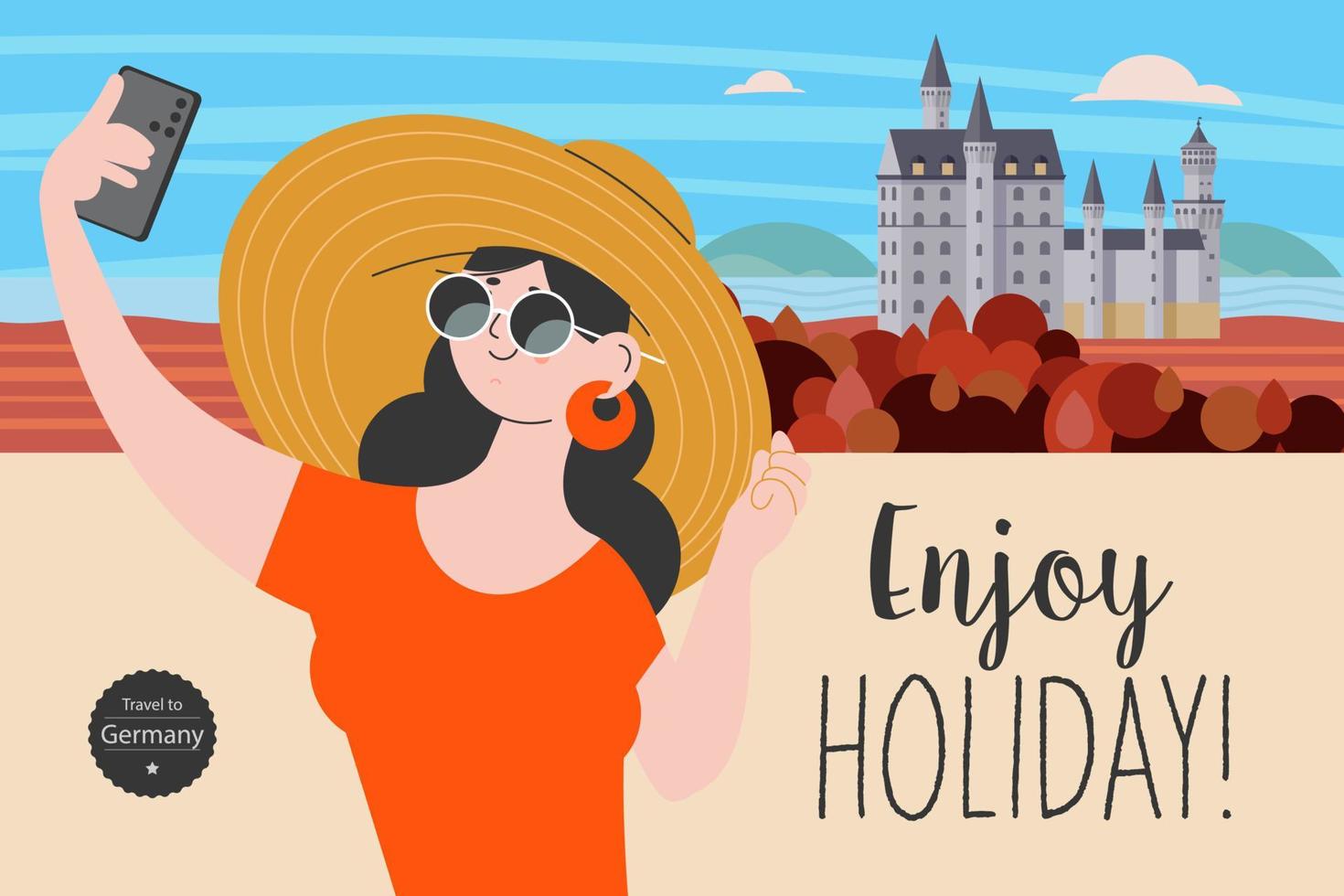 Travel on vacation and take selfies in the background of the sights. Enjoy holiday. Vector illustration.