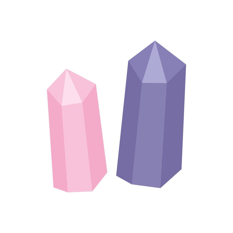 Precious crystals of pink and lilac in a simple style in the shape of a prism. Vector illustration of rock minerals.