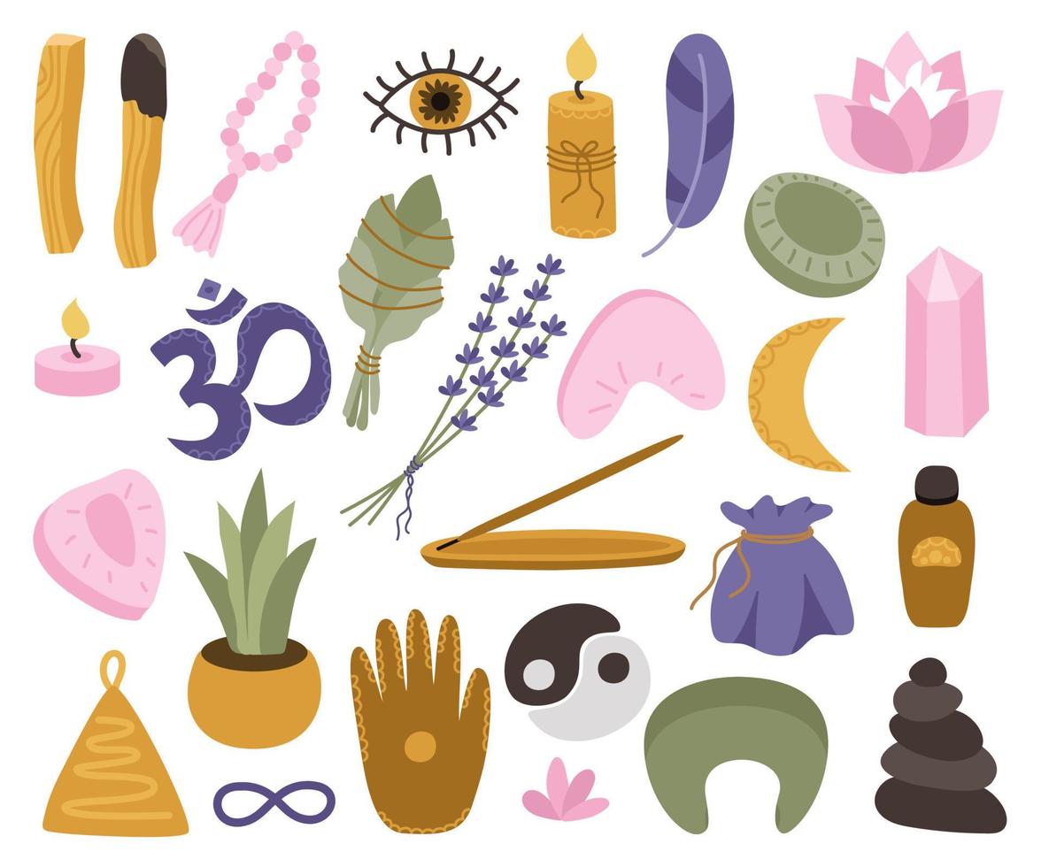 Set of accessories for meditation practice, rest and relaxation. Palo Santo sticks, sage, aromatherapy, crystals, rosaries, candles, lavender, oil, yin yang, aloe, stones. Vector illustration.
