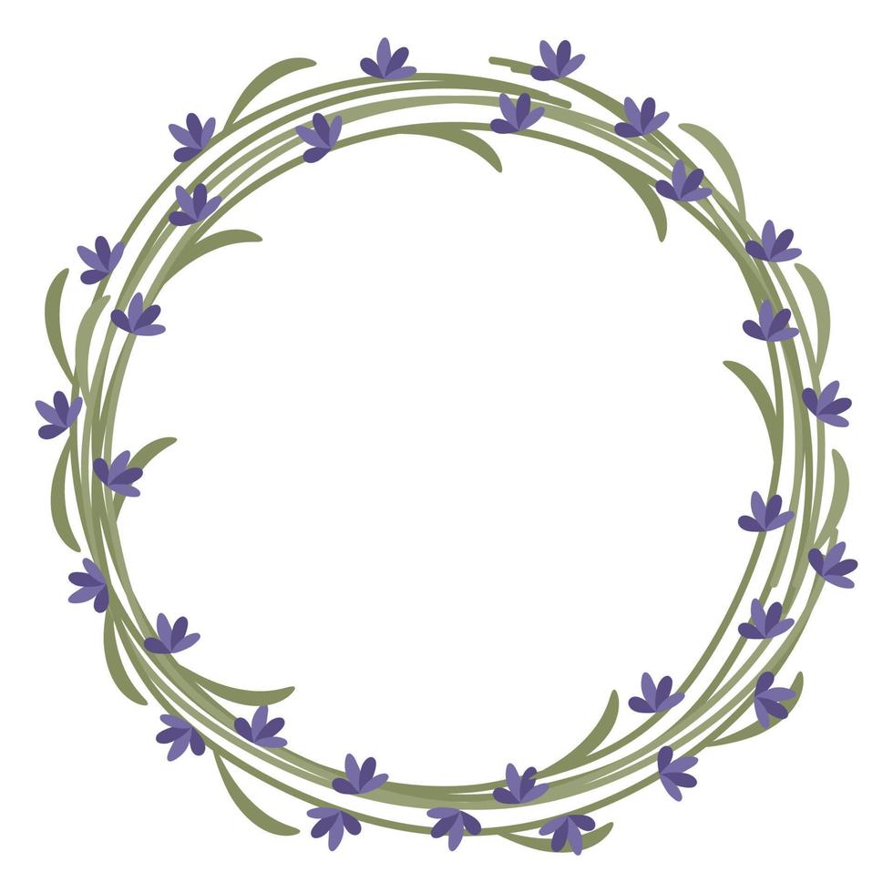 corona redonda de ramitas de lavanda. hermosas flores lilas con hojas. la ilustración vectorial está aislada. para diseño o postal vector