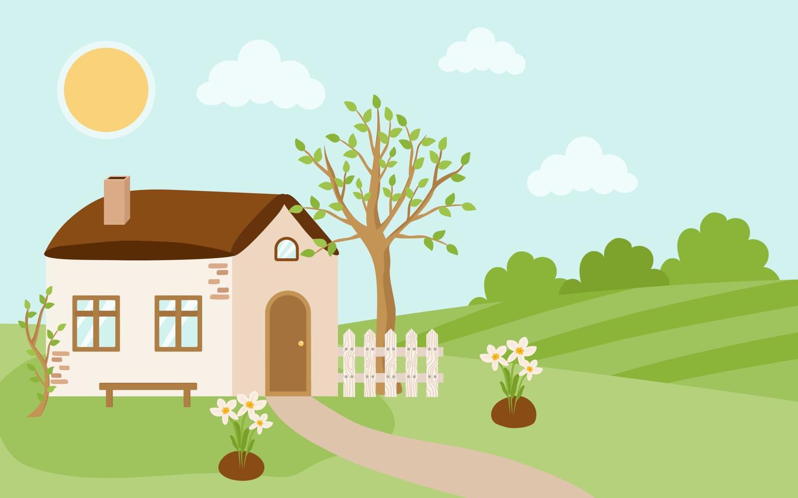 Spring village house. Cute rustic landscape with a white fence, daffodil flowers, tree, bushes, lawn. Vector illustration of a sunny day outside the city.