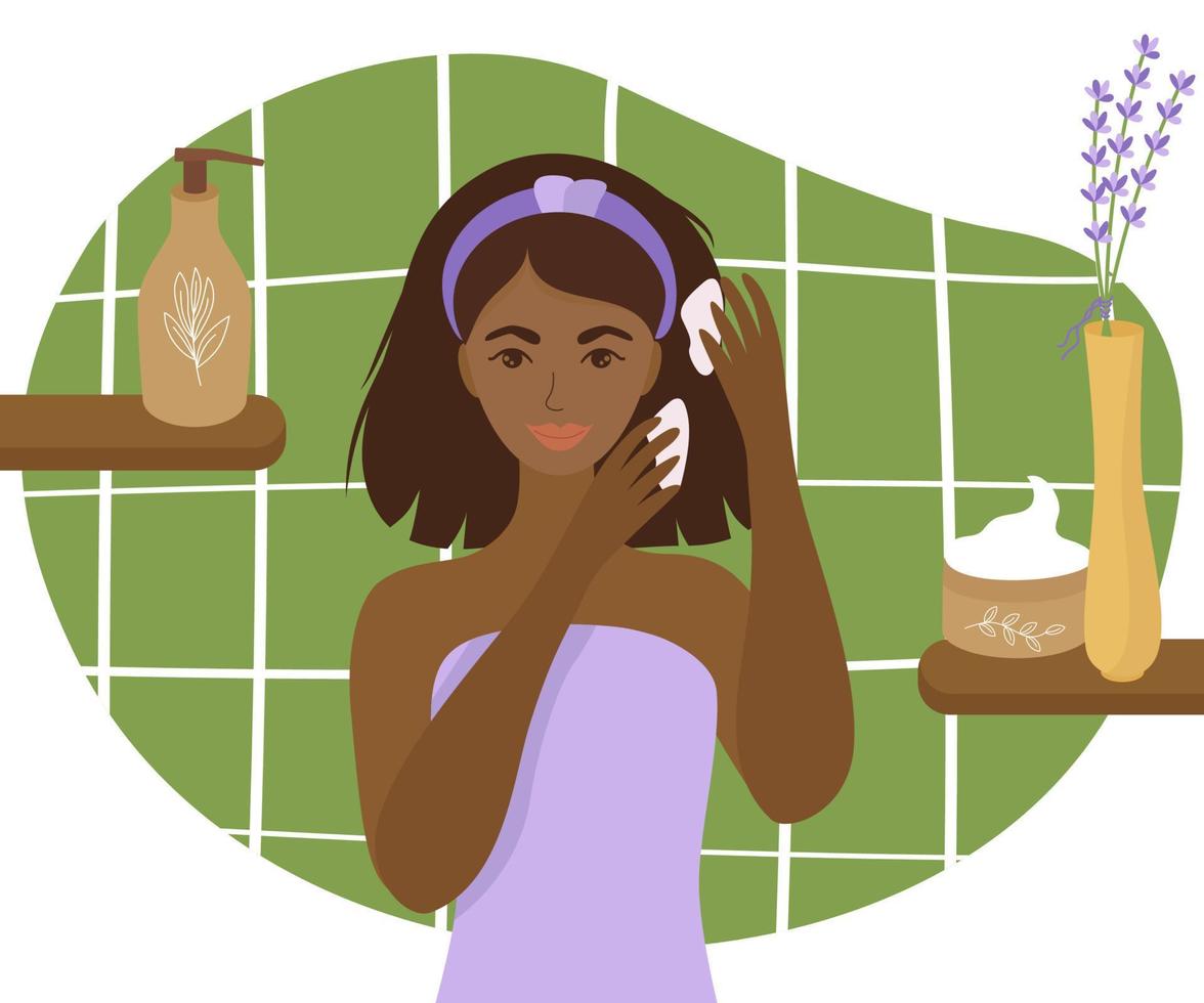 African-American girl in the bathroom applies hair care. On the shelves cosmetics and cream in jars and tubes, a beautiful flower for mood. Vector illustration of morning self-care.