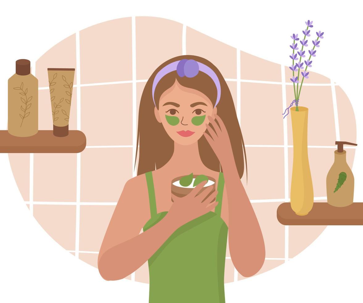 Girl in the bathroom puts eye patches on her face. On the shelves, cream and cosmetics in jars and tubes, a beautiful flower for mood. Vector illustration of morning self-care.