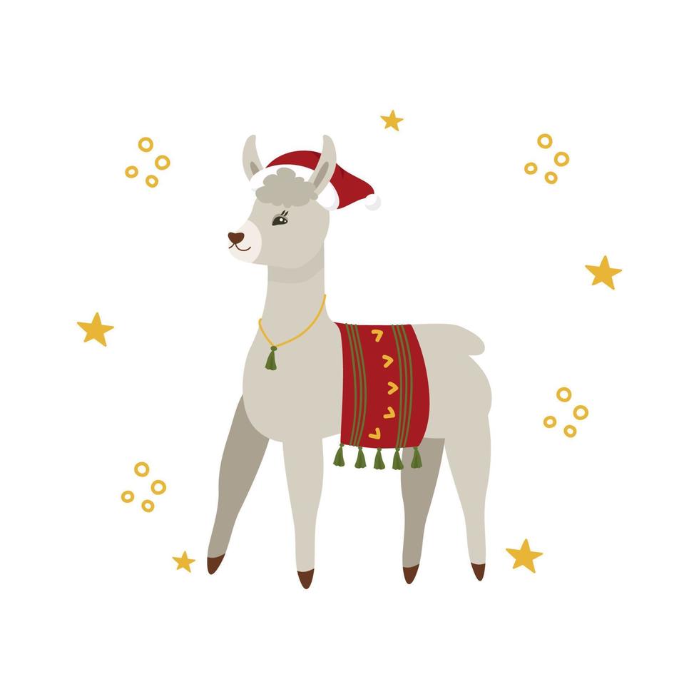 Christmas and New Year's card with a gray llama in a red cap. Vector clipart, isolated illustration