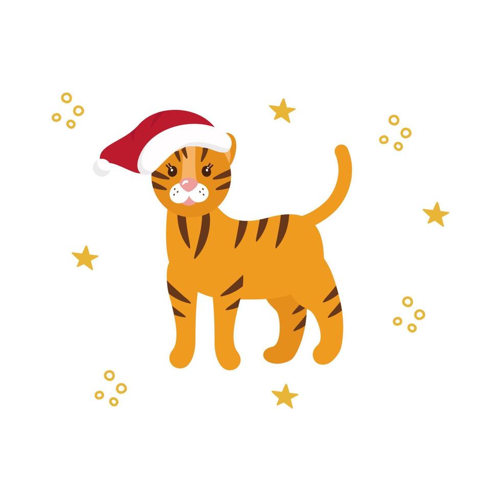 New Year's card with a tiger in a red cap, the symbol. Vector clipart, isolated illustration.